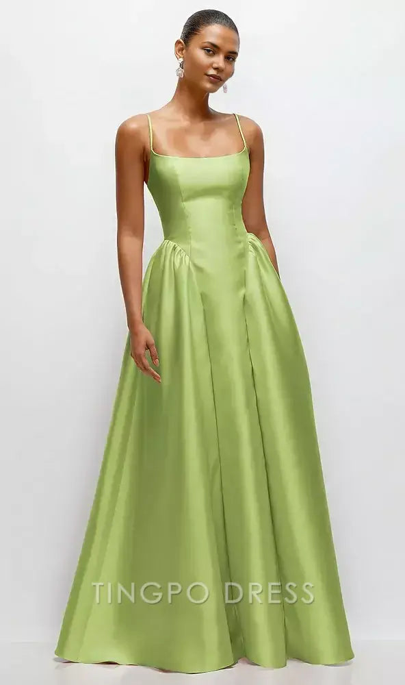 Elegant A-Line Scoop Neck Drop Basque Skirt Satin Maxi Dress with Pockets Prom Dress